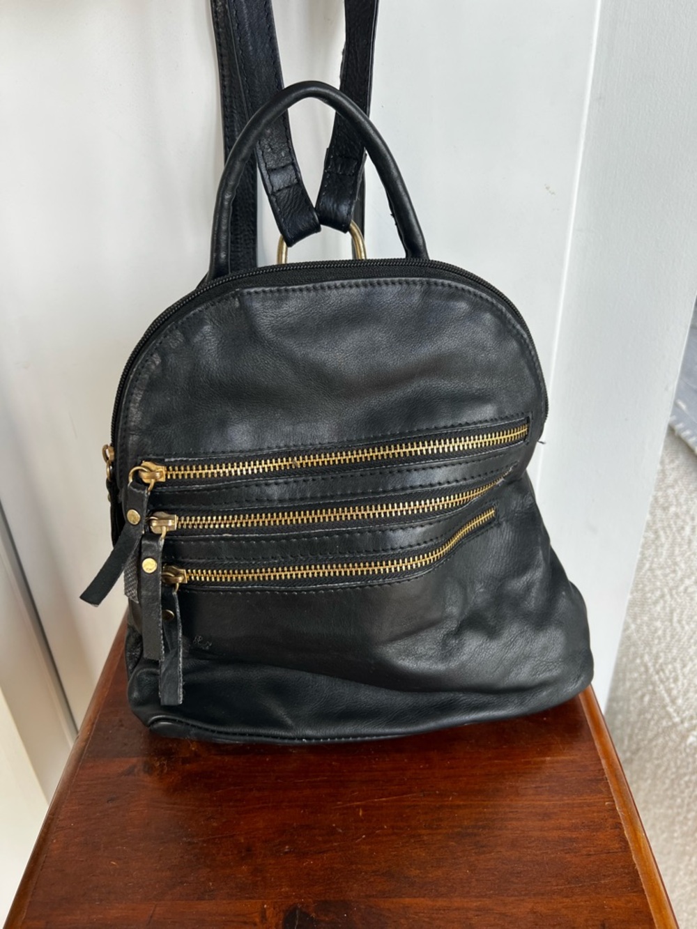 Black Leather Mini Backpack with Gold Zippers
